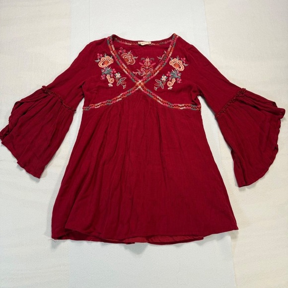 Altard State Embroidered Boho Festival Mini Dress Burgundy Bell Sleeve Floral S - Picture 2 of 9